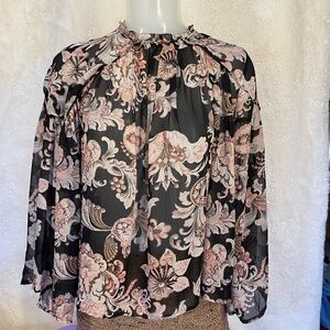 LOFT Petites Long Sleeve Sheer Blouse, black floral - size XXSP